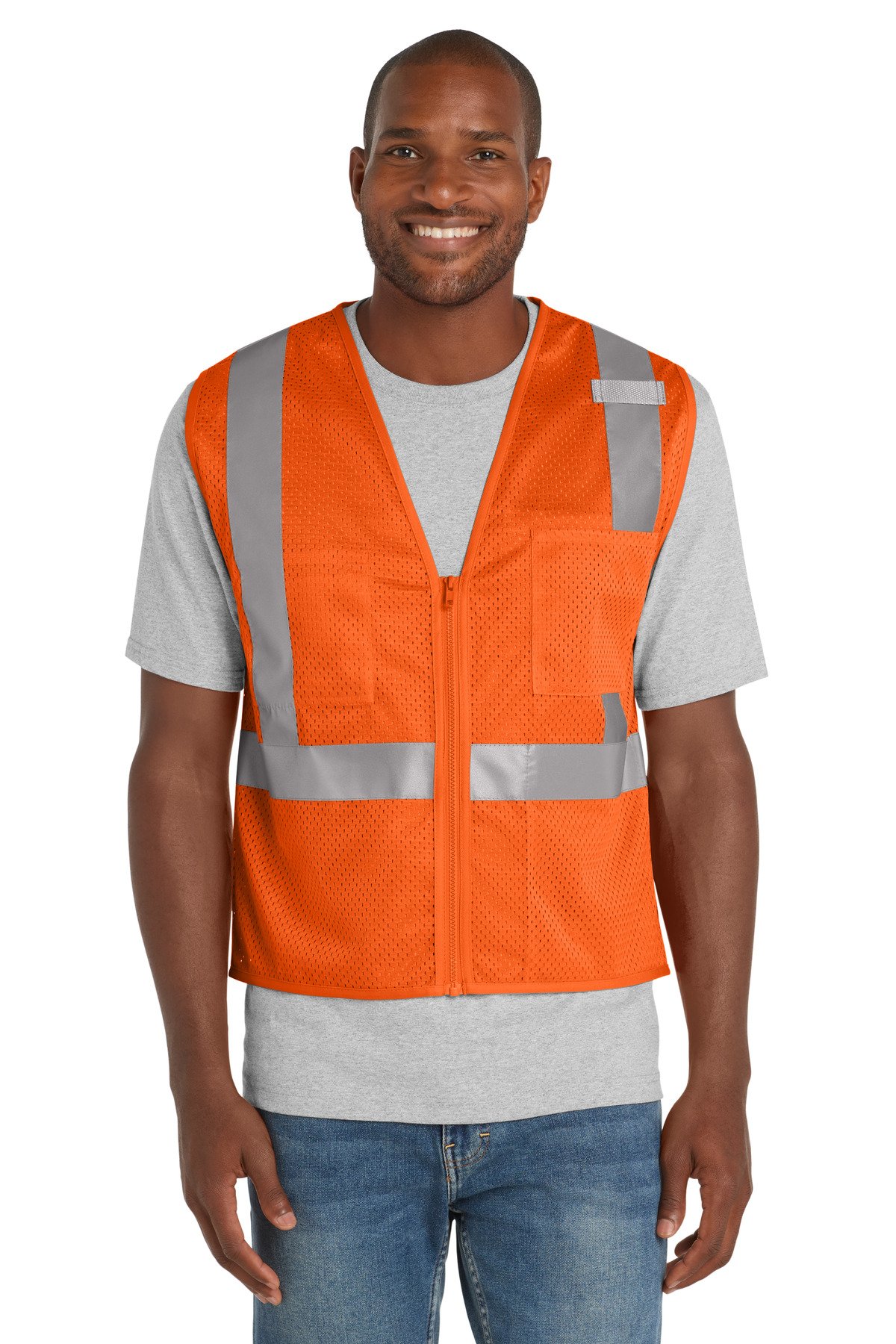 CSV102_safetyorange_model_front.jpg CornerStone ANSI 107 Class 2 Mesh Zippered Vest. CSV102 - Image 1