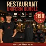 25-Piece Custom Restaurant Uniform Bundle – Shirts, Aprons & Caps – $190